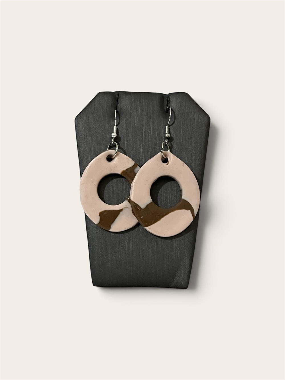 Handmade Polymer Clay Dangle Earrings Boho Marbled Pink Brown Circle Hoop Drop
